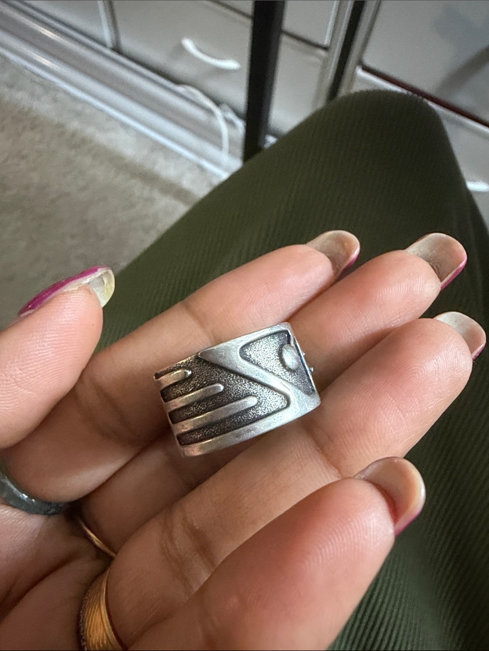 Sterling-Style Silver Tone Wide Band Ring - Modern Geometric Design